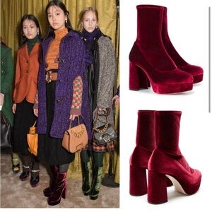 MIU MIU Bordeaux Red Velvet Platform Mid Sock Boots Block Heel IT 39 1/2 US 9.5